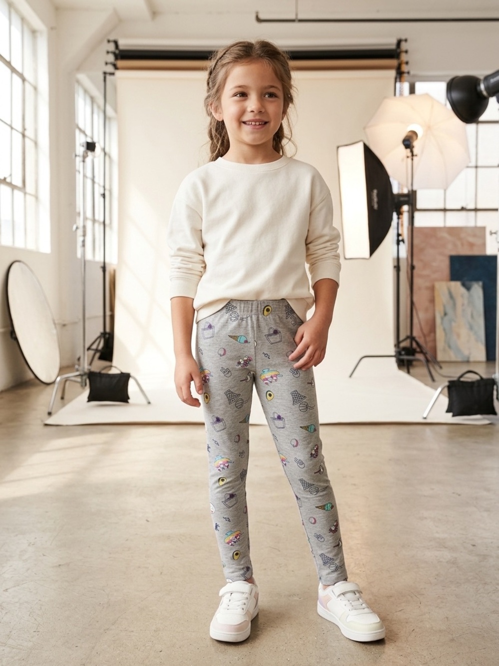 Girls' Gray Space Print Leggings - Kids Stretch Joggers